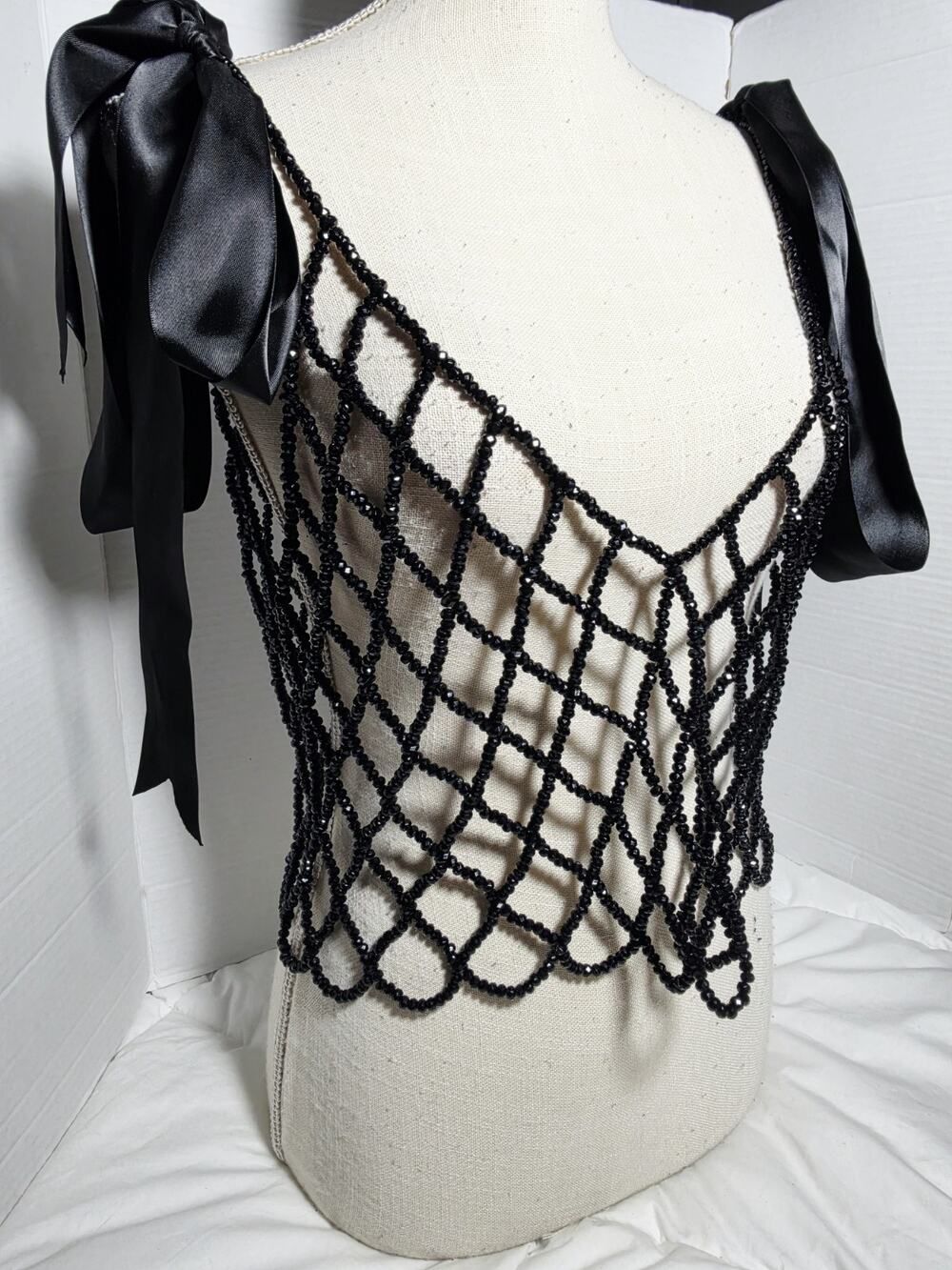 Pretty Little Thing XL Beaded Mesh Top Coverup Y2K Retro Whimsy Goth Festival